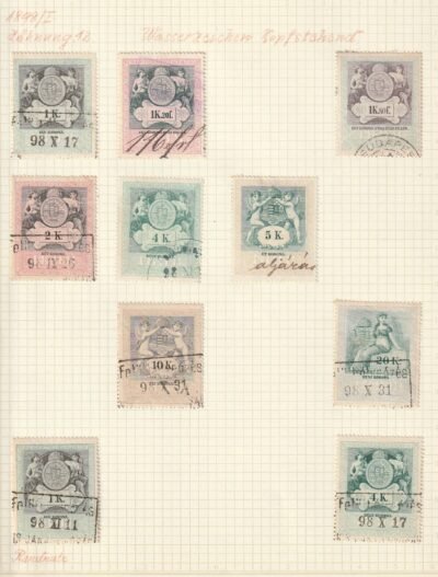 Illetékbélyegek – fogazatváltozat és fordított állású vízjellel, albumlapon (speciál gyűjteményből)