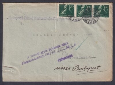 1947. Budapest, Hódmezővásárhelyre feladott, vissza küldött levél