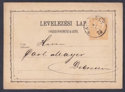 1873. SÁTORALJA-ÚJHELY, Debrecenbe feladott levelezőlap