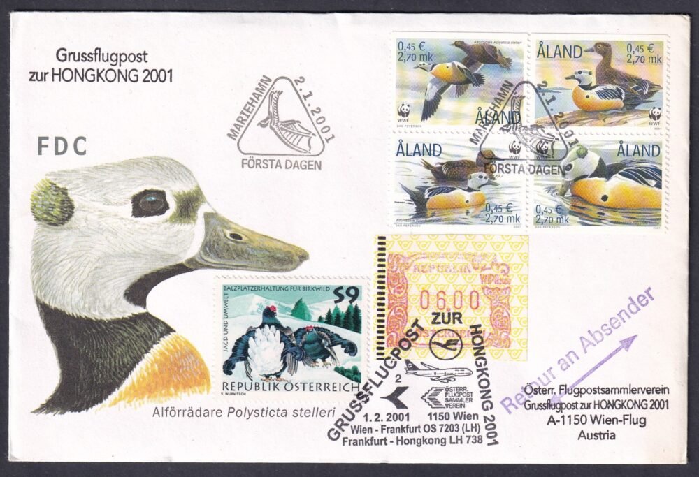 2001. Åland-szigetek. Ausztriába ferladott és bérmentesítéssel visszaküldött FDC