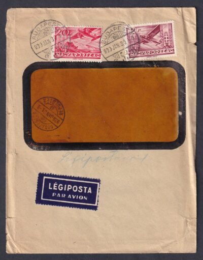 1933. légiposta küldemény - érdekes ablakos boríték - 2,40 Pengő díjtétellel