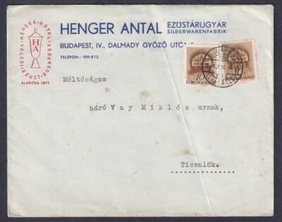 1941. Budapest, Tiszalökre feladott - dekoratív, többszinnel - előrenyomtatott céges boríték