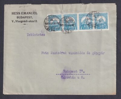 1928. Budapest, helyben feladott céges küldemény – 4x2f dijlerovással