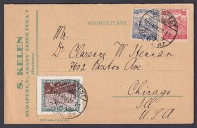 1925. Budapest – Angol nyelvű nyomtatvány Chicago-ba (USA) feladva, vegyes díjlerovással, köztük Sport-bélyeggel (MBK 130 pont).