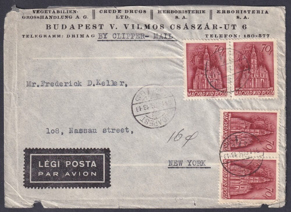 1941. Budapest, New-York (USA)-ba feladott légiposta levél - „By Clipper Mail”