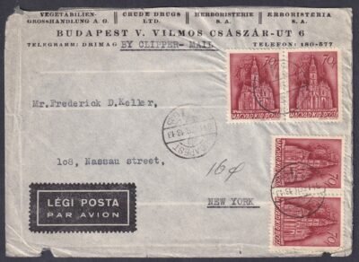 1941. Budapest, New-York (USA)-ba feladott légiposta levél - „By Clipper Mail”