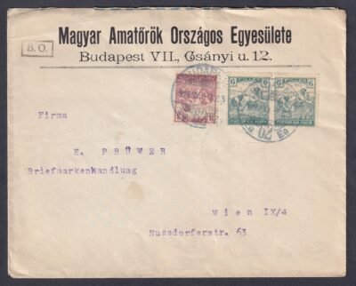 1918. (Budapest) – Kék bélyegzéssel Bécsbe feladott levél, a Magyar Amatőrök Országos Egyesülete levélzáróbélyegével és egyesületi reklámbélyegzővel.