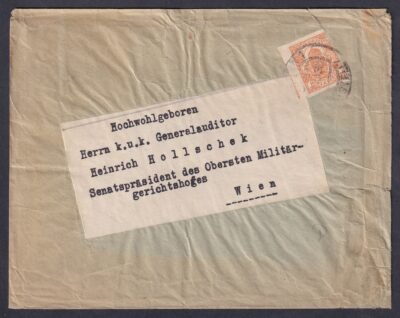 19xx. Bécsbe feladott a K.u.K. főellenőr - Heinrich Hollschek - A Legfelsőbb Katonai Bíróság szenátusi elnökének feladott, Hírlapbélyeggel bérmentesített nyomtatvány boríték