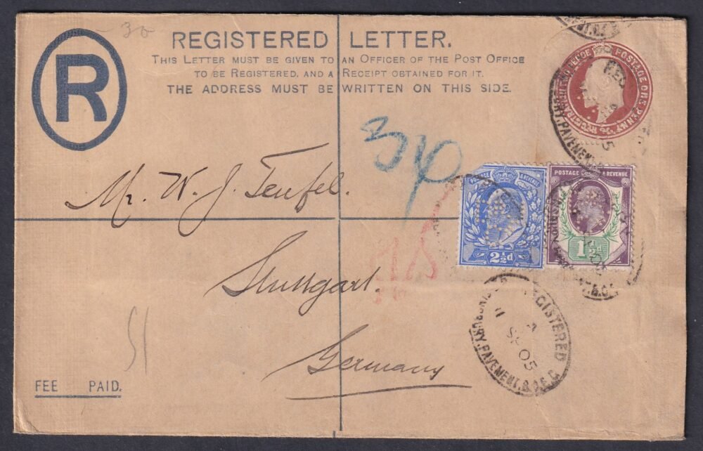 1905. Nagy Britannia, díjkiegészített levelezőlap berfin bélyegekkel