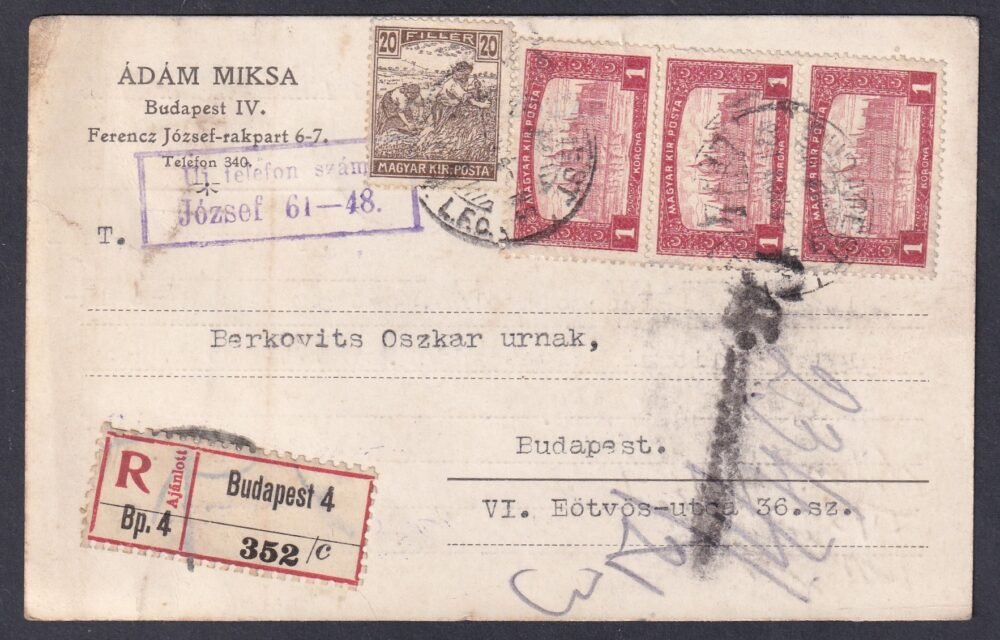 1921. Budapest, helyben feladott ajánlott levelezőlap