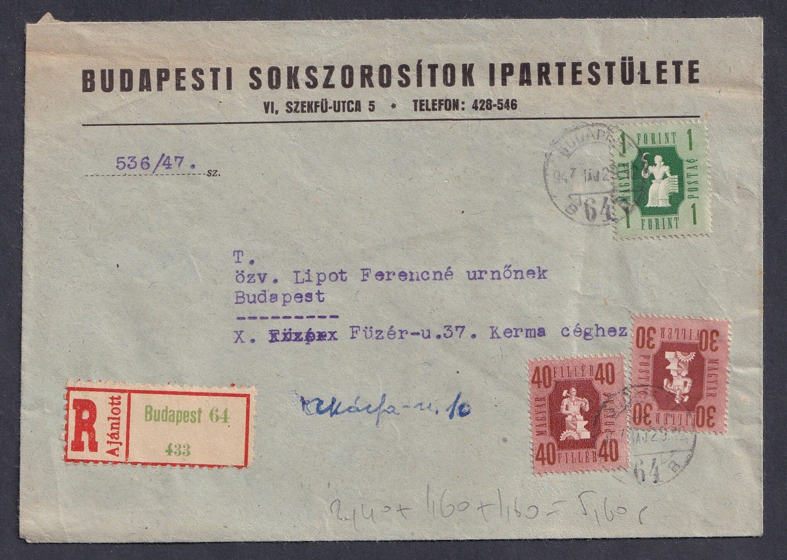 1947. Budapest, helyben feladott ajánlott levél