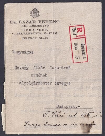 1927. Budapest, helyben feladott ajánlott nyomtatvány - vegyes Korona-fillér bérmentesítéssel
