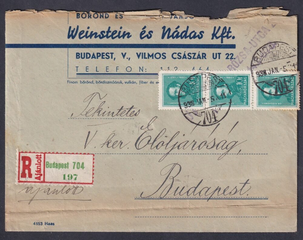 1938. Budapest, helyben feladott ajánlott levél