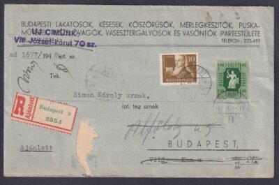 1948. Budapest, helyben feladott ajánlott levél - tovább majd vissza küldve