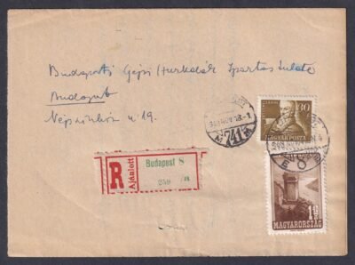 1948, Budapest/8E kivésett bélyegzővel, helyben feladott ajánlott levél teljes tartalommal, szükségborítékban