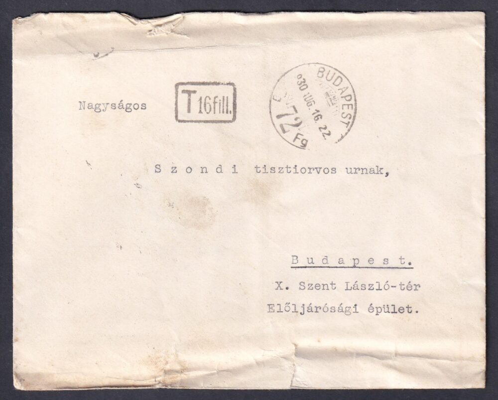 1930. Budapest, szabálytalan bérmentesítés miatt 16 fillér portóval