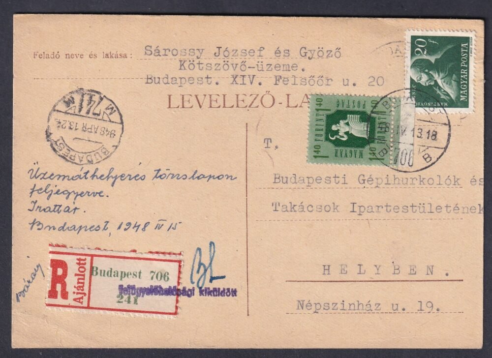 1948. Budapest, helyben feladott ajánlott levelezőlap