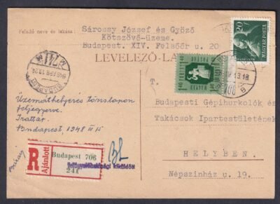 1948. Budapest, helyben feladott ajánlott levelezőlap