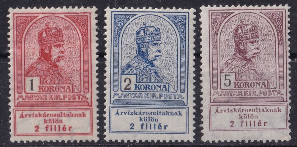 1913. Árvíz I. postatiszta 1, 2 és 5 Korona