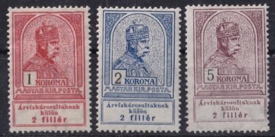 1913. Árvíz I. postatiszta 1, 2 és 5 Korona