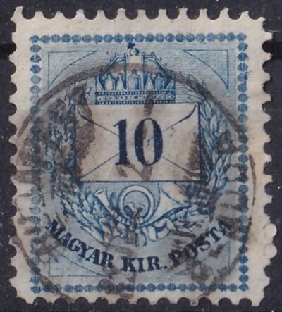 1881. 10kr durva gyöngyjavítás - ismétlődő lemez hiba a bal alsó háromszögben