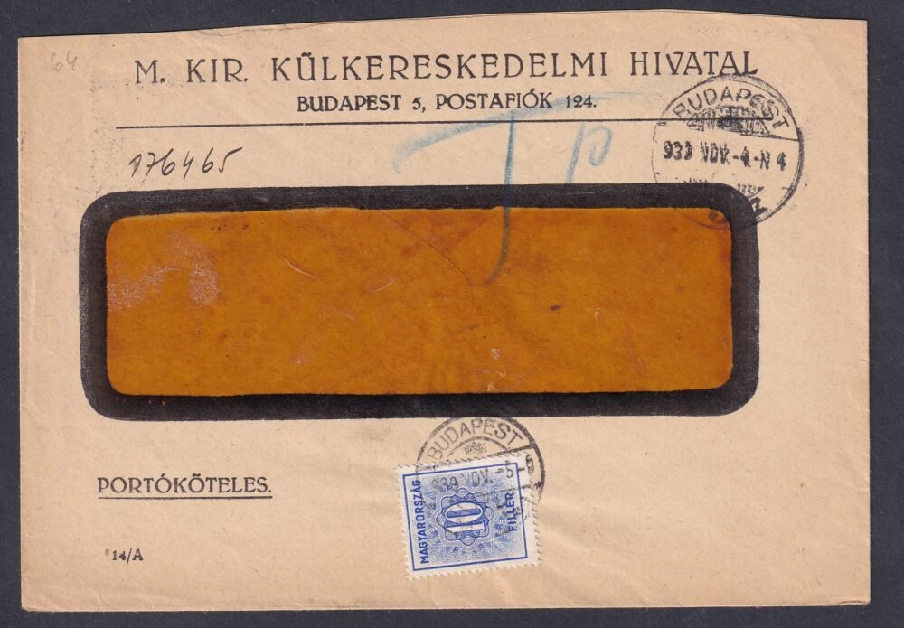 1933. portóköteles küldemény 10f portóval