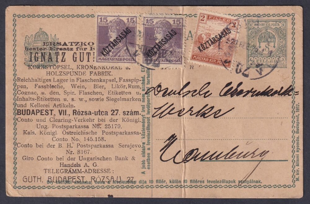 1920. Hamburgba feladott levelezőlap céges nyomtatatással