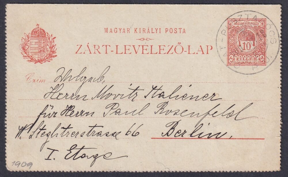 1909. Ohat-Pusztakócs /Pu. Berlinbe feladott Zárt-Levelező-Lap