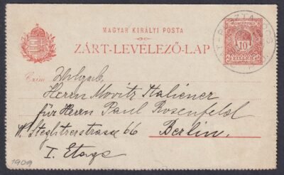 1909. Ohat-Pusztakócs /Pu. Berlinbe feladott Zárt-Levelező-Lap