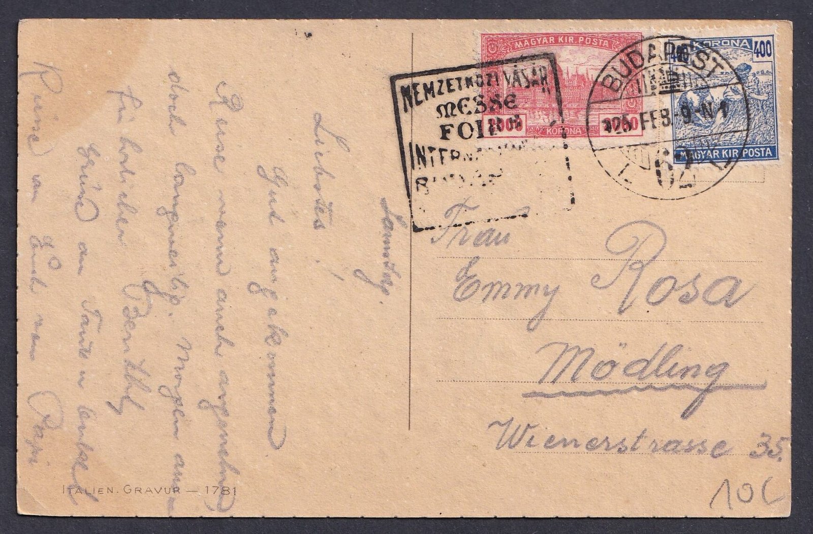 IMG_20250729_0013 1925. Budapest Nemzetközi Vásár alkalmi bélyegzésével, Mödling (Ausztria)-ba feladott képeslap