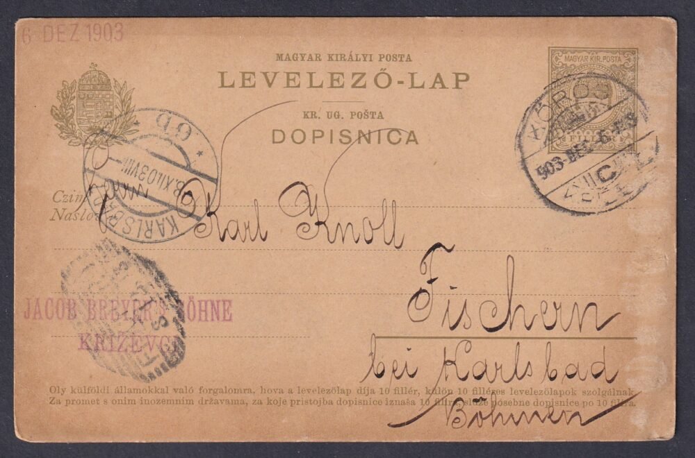 1903. Kőrös, Karlsbad-ba feladott céges (magyar-horvát nyelvő) levelezőlap
