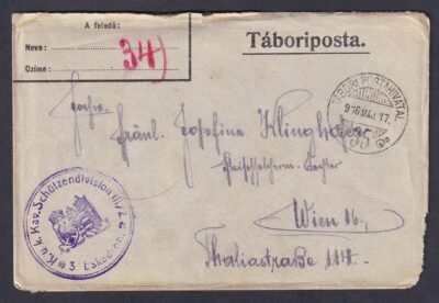 1916. Bécsbe, Táboripostán feladott boríték
