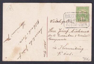 1915. DÁNSZENTMIKLÓS Posta Ügynökség, Korneuburg-ba feladott képeslap - ritkább Parlament képelap!