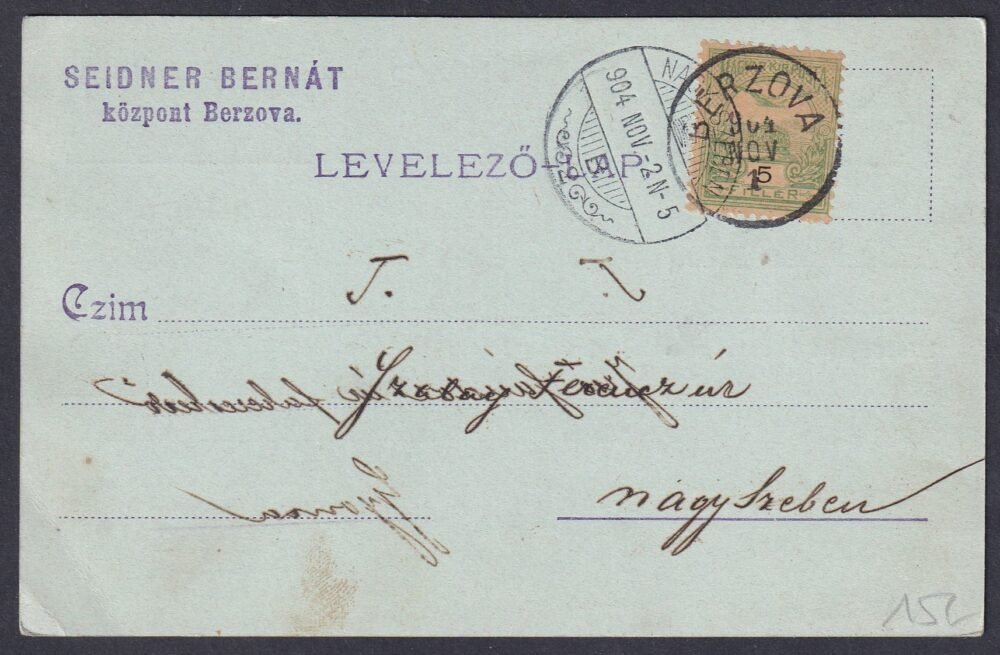1904. BERZOVA, Nagyszebenbe feladott céges levelezőlap