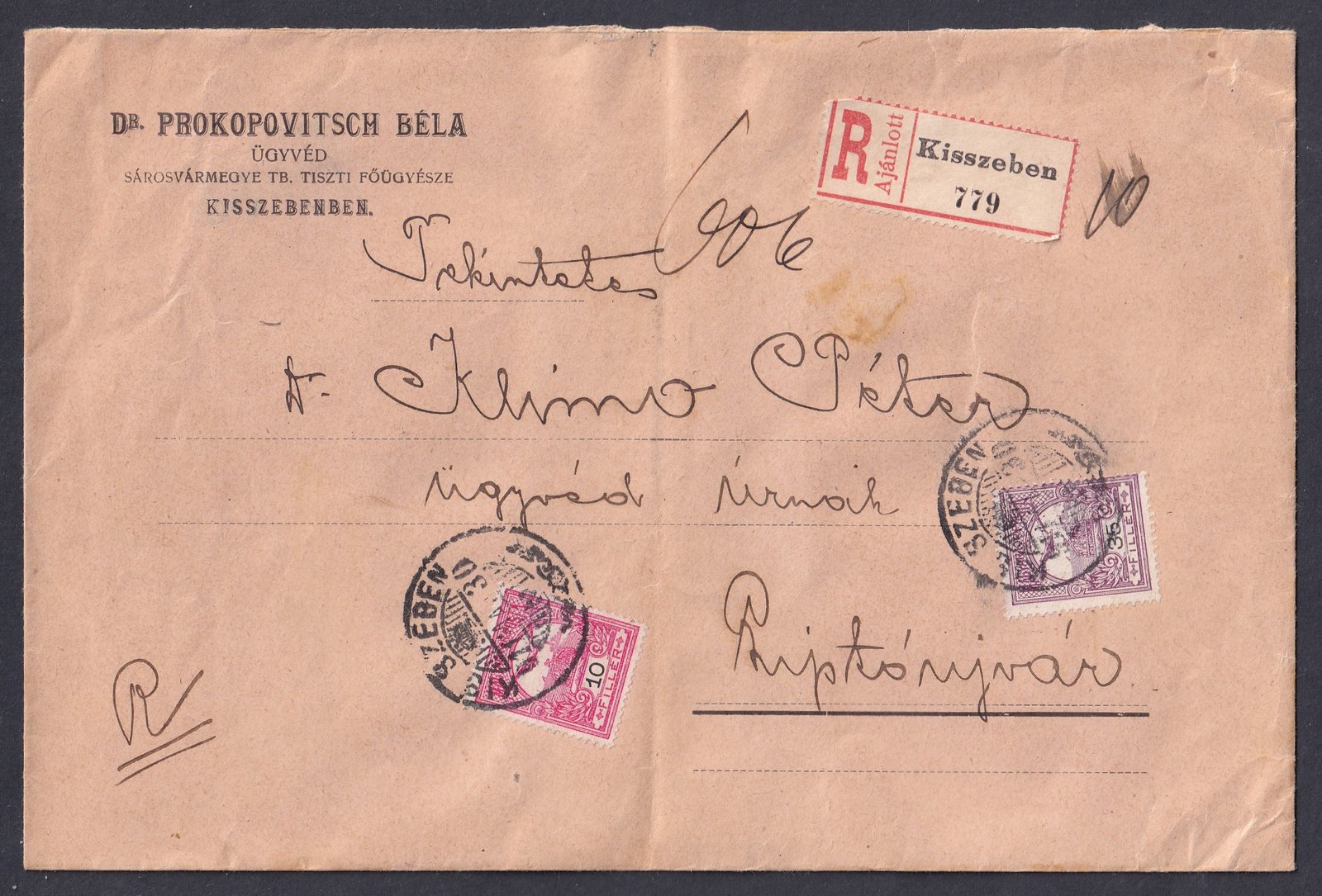 IMG_20250729_0024 1911. Kisszeben, Liptóújvárra feladott 2. súlyfokozató ajánlott levél