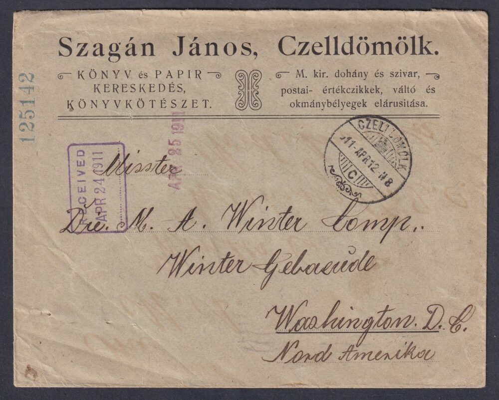 1911. Czelldömölk, Wasington-ba feladott levél - 5x5 fillér többes bérmentesítéssel