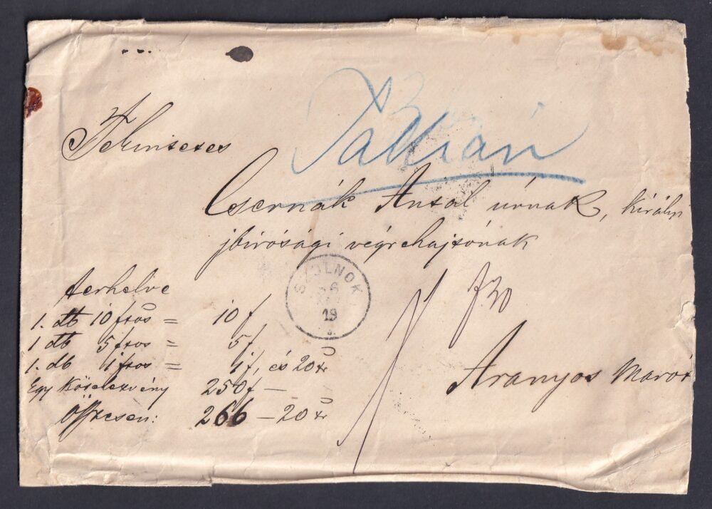 1886. Szolnok, Aranyosmarótra feladott értéklevél, kp bérmentesítéssel