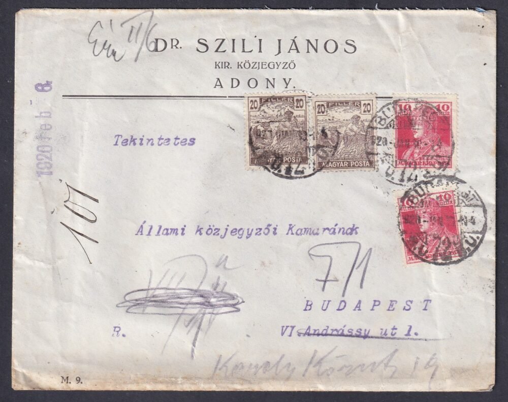 1920. Budapest, helyben feladott tovább küldött levél