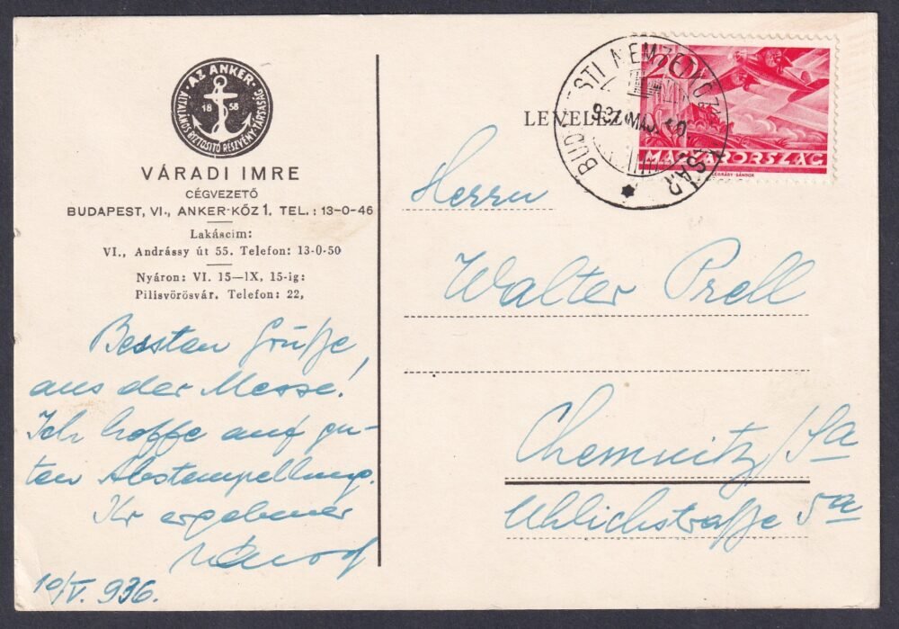 1936. Budapest – az „Anker Biztosító” céges levelezőlapja, alkalmi bélyegzéssel feladva Chemnitzbe