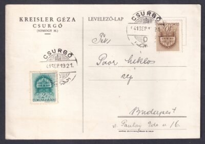 1941. Csurgó, Budapestre feladott céges levelezőlap