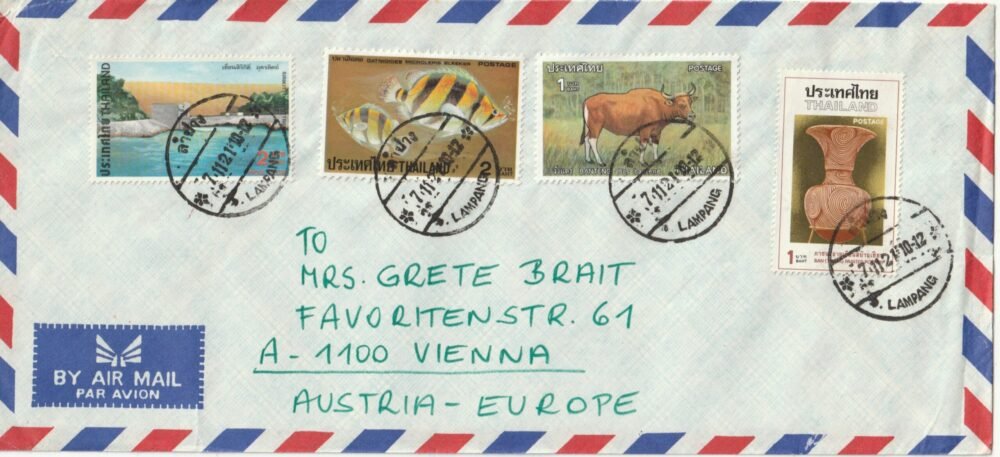 Thaiföld, Ausztriába feladott légiposta levél, 21” valószínűleg 2521-at jelent, ami 1978-es évnek felel meg