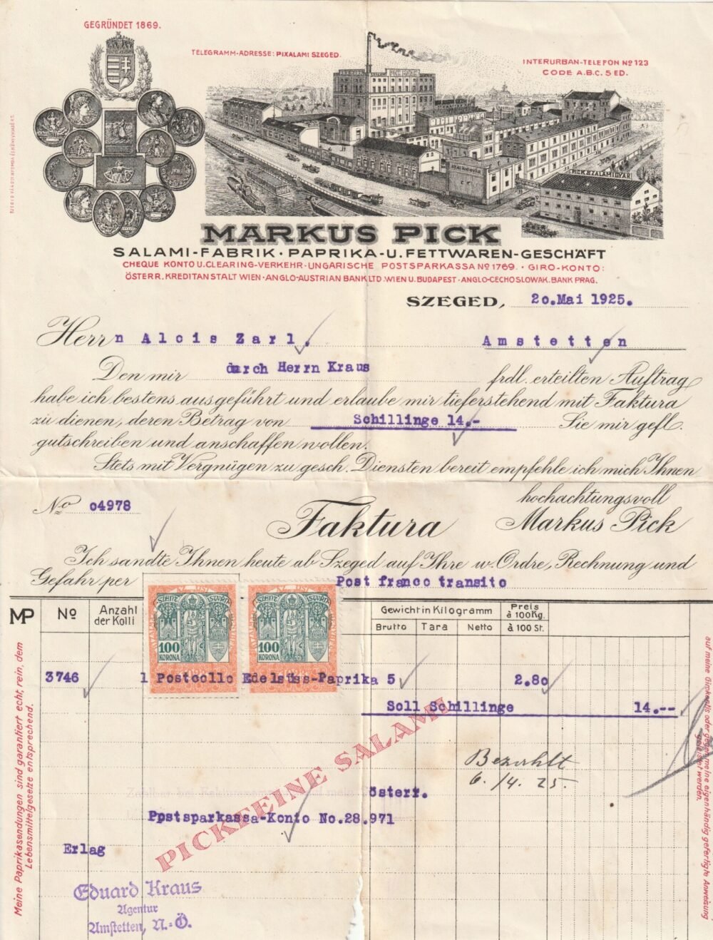 1925. dekoratív PICK szalámi számla