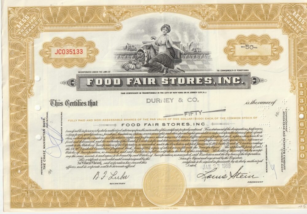FOOD FAIR STORES, INC. 50 db 1 dolláros részvény USA (1968)