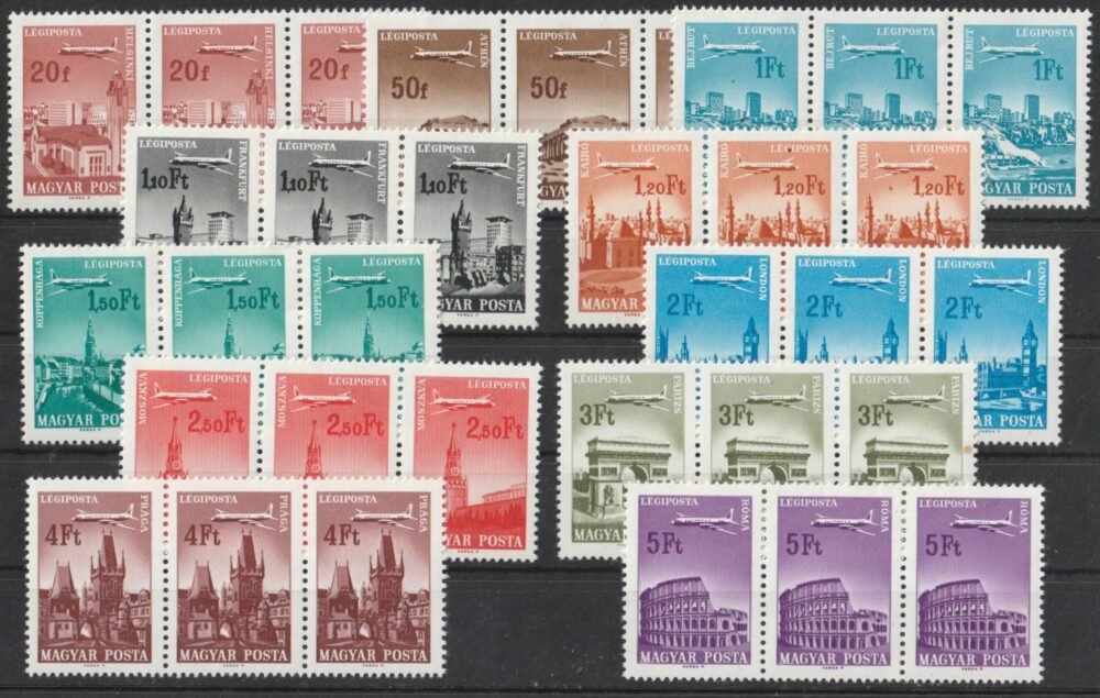 1966/67. Repülő-sor, 20 f-től 5 Ft-ig, 3-as csíkokban
