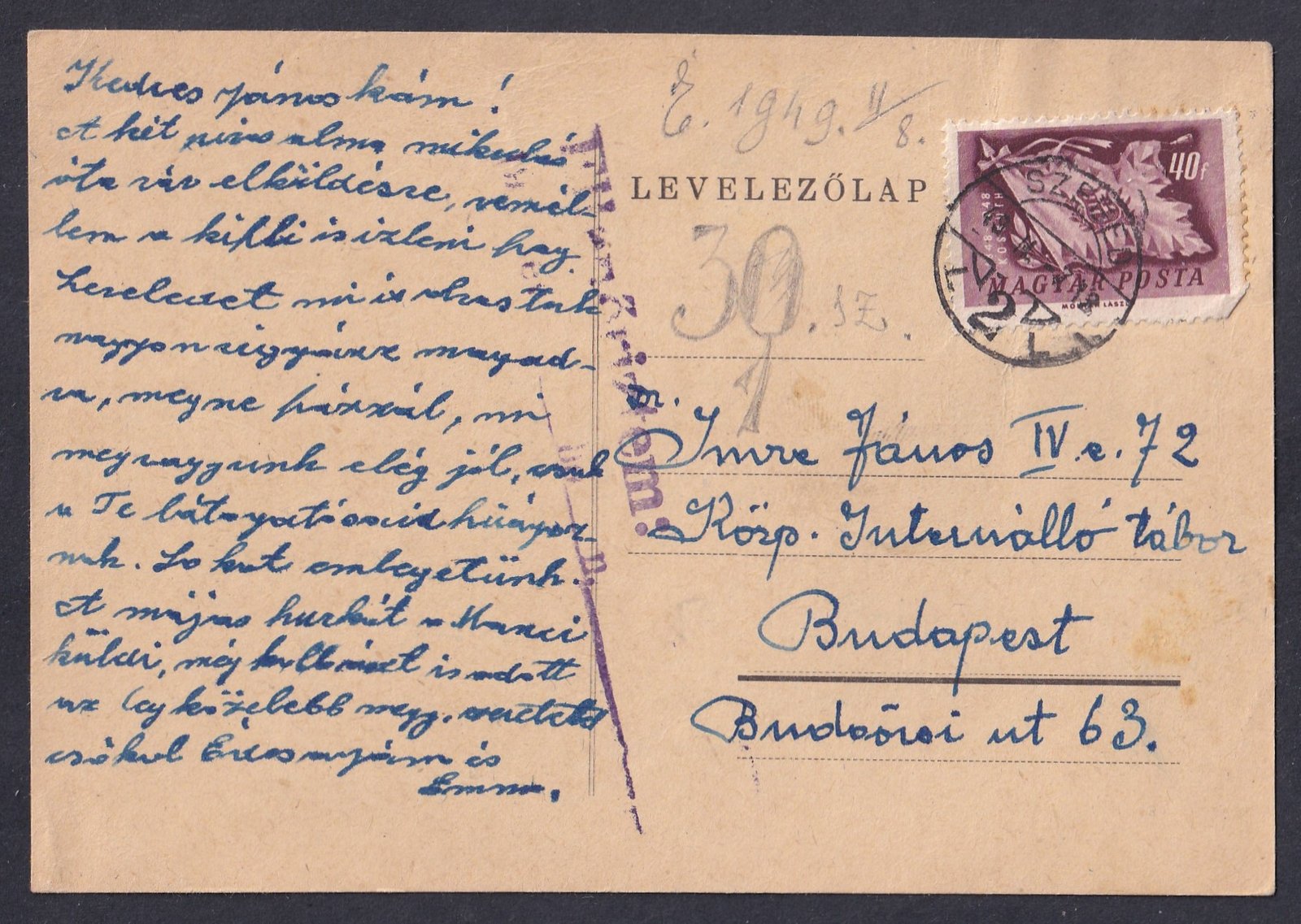 1949. Szeged, Budapestre feladott cenzúrázott levelezőlap