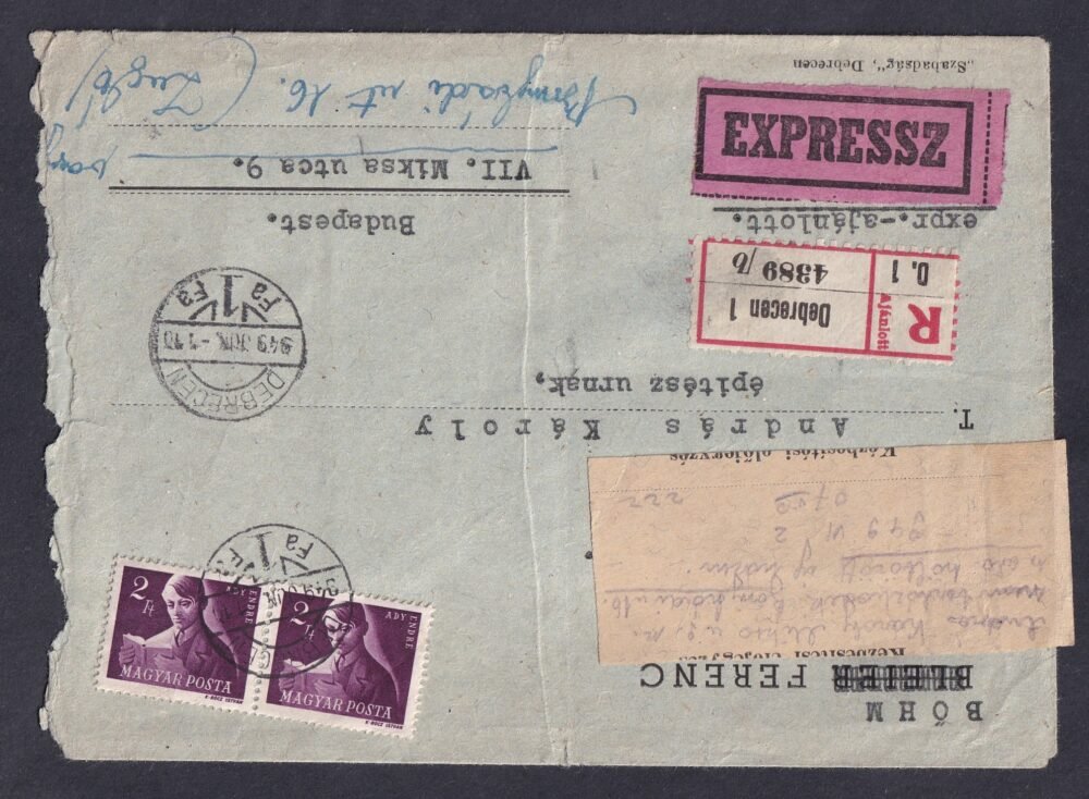1949. Debrecenből Budapestre feladott expressz-ajánlott levél – a borítékon postai tovább küldés utasítással