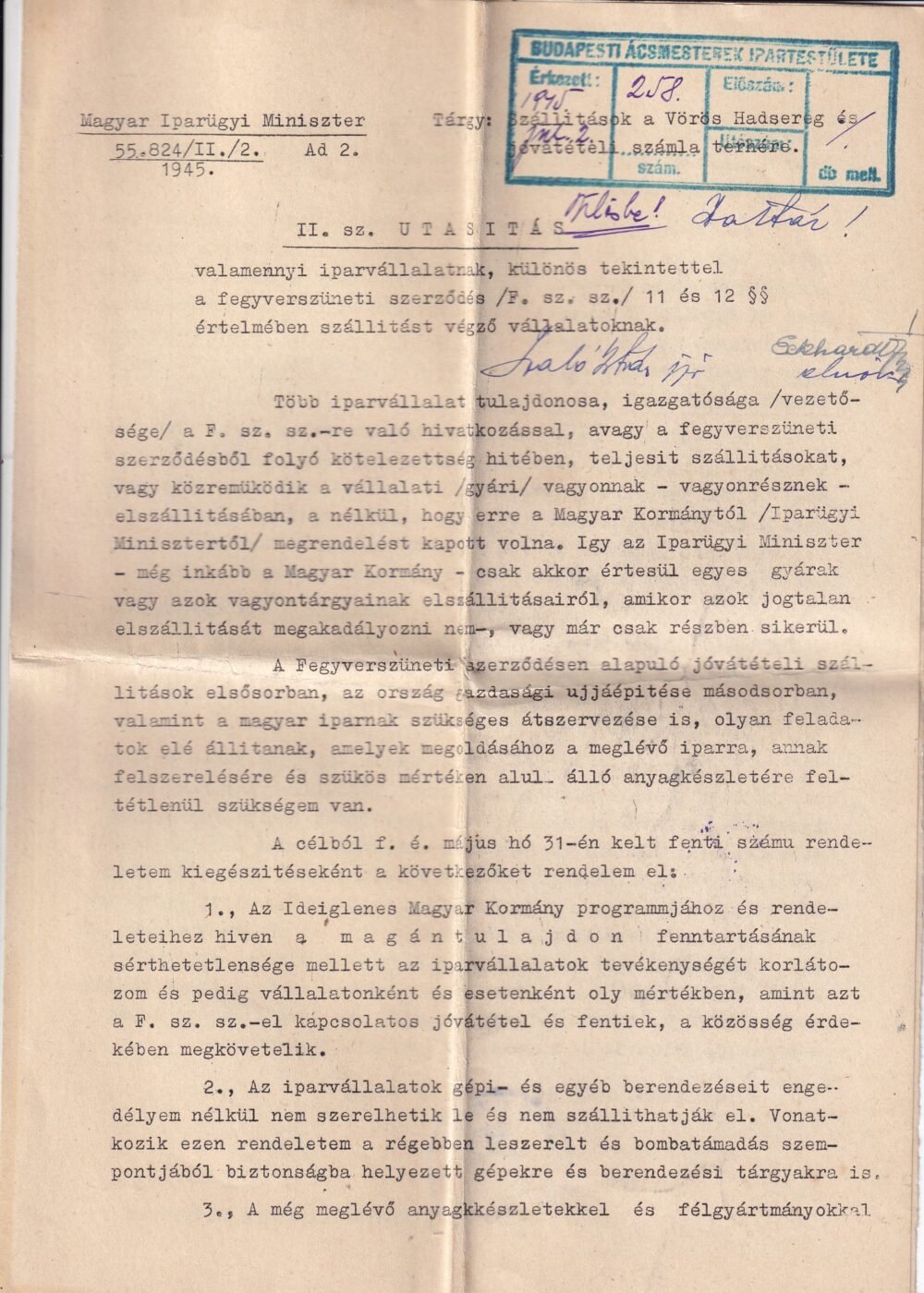 1945. Magyar Ipari Minisztérium Utasitása a Vöröshadseregnek beszállító iparosoknak - árdekes eredeti dojumentum