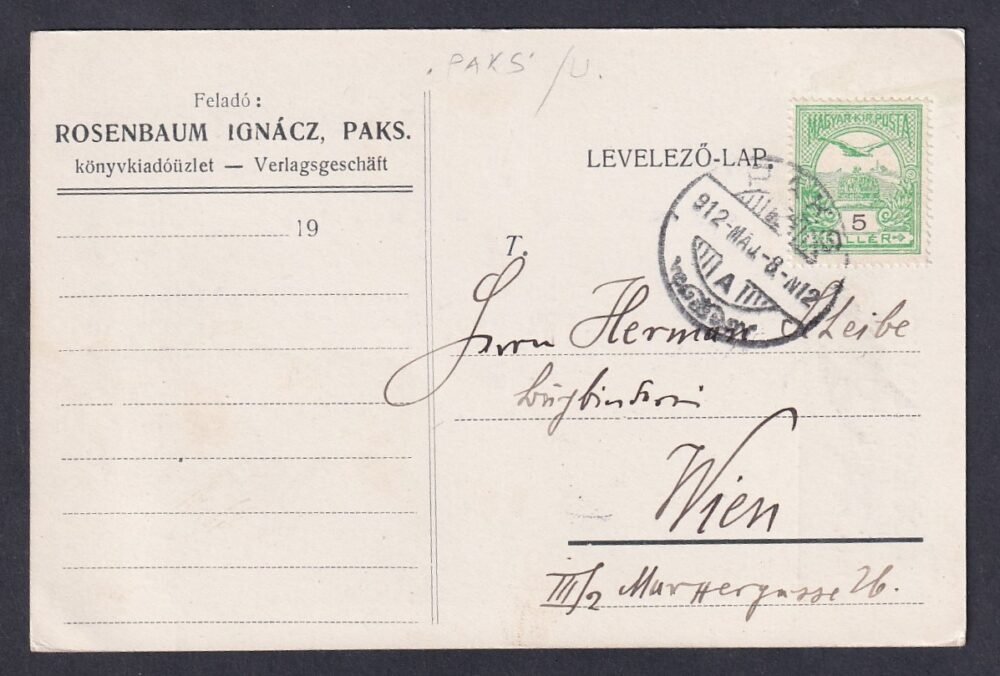 1912. Paks, Bécbe feladott céges levelezőlap