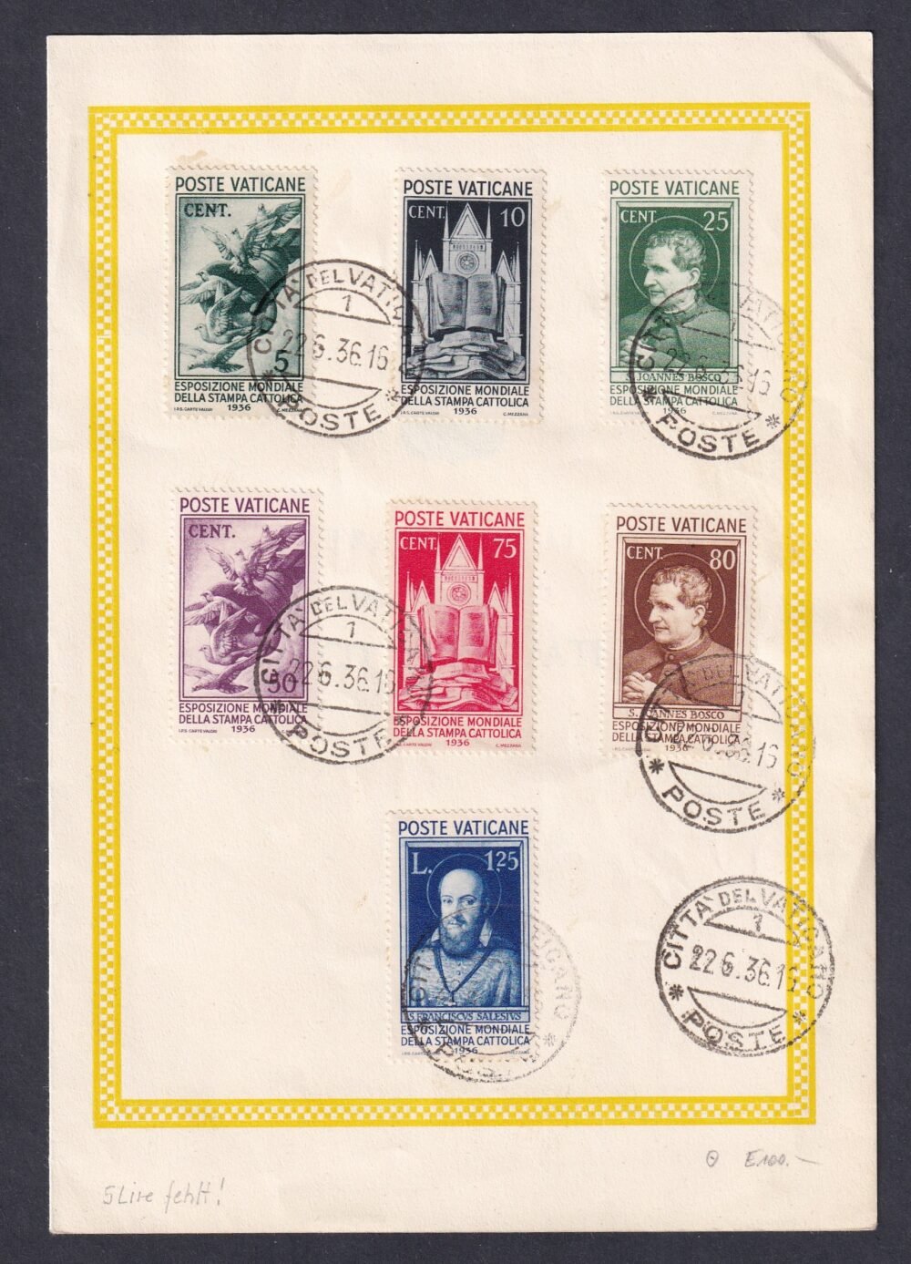 1936. Vatikán, Katolikus kiállítási sor eredeti emléklapon, ritka!
