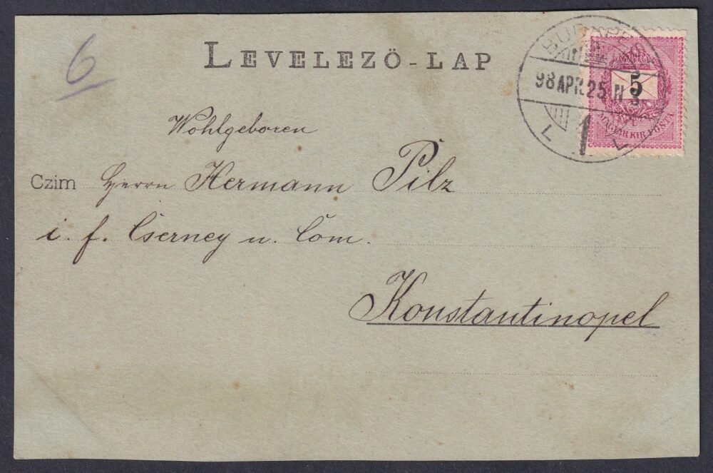 1898-ban Budapestről Konstantinápolyba (Törökország) feladott képeslap – kőnyomatos Budapest-látképpel